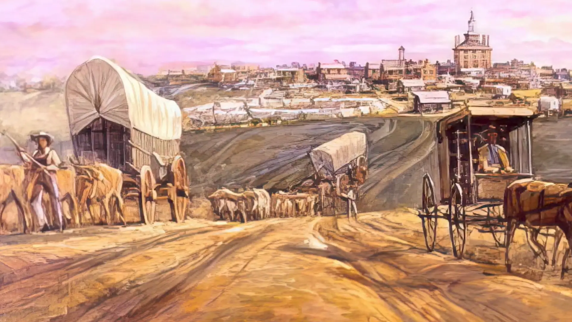 Covered wagons on display