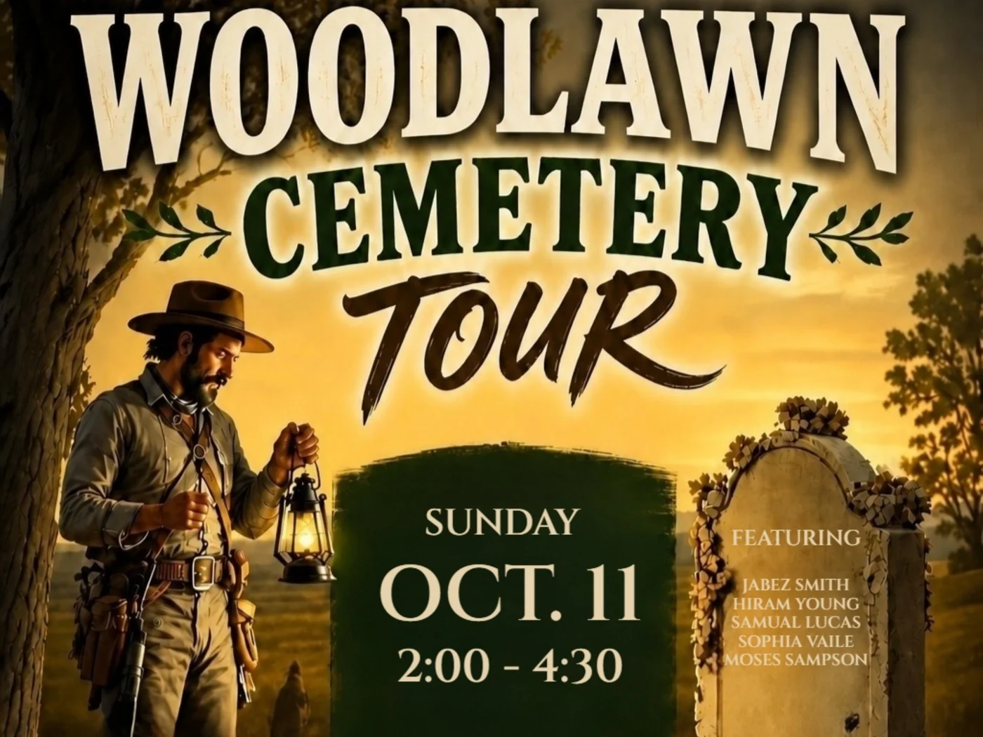 Woodlawn Cemetery Tour poster: Sunday, October 11, 2026, 2:00–4:30 PM, tickets $10, live portrayals of famous Independence people